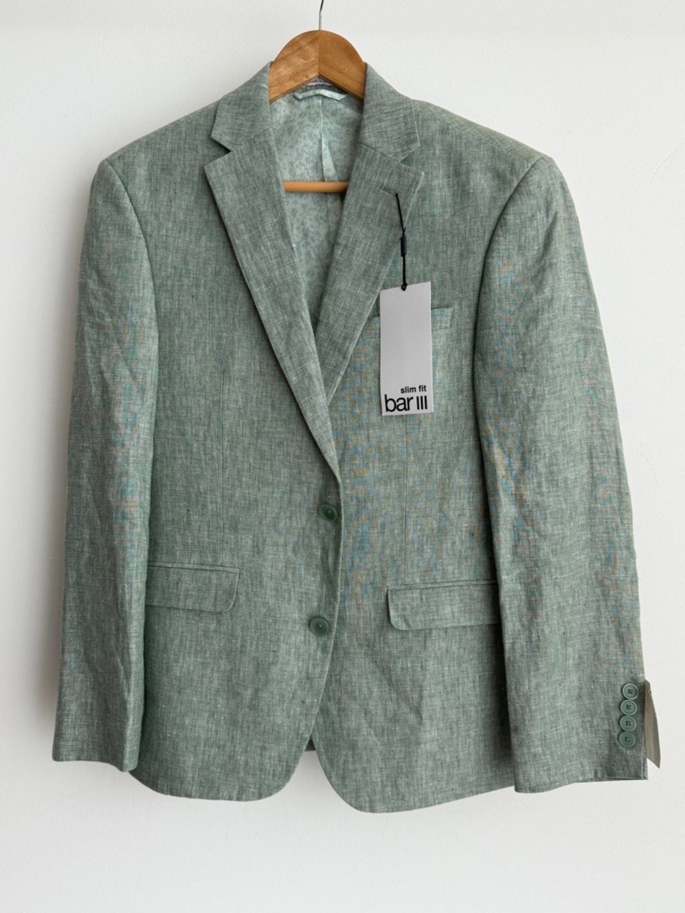 Bar III Slim Linen-Blend Sage Green Blazer. Blazer size. 38s
Pants size: 31w 30L